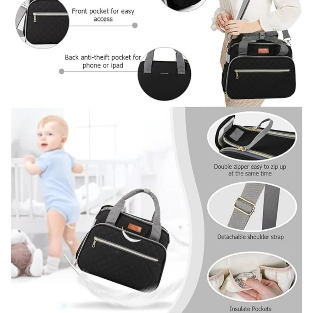 TRENDPLAY Black Small Diaper Tote Baby Maternity Bag, Neutral Quilt Canv…